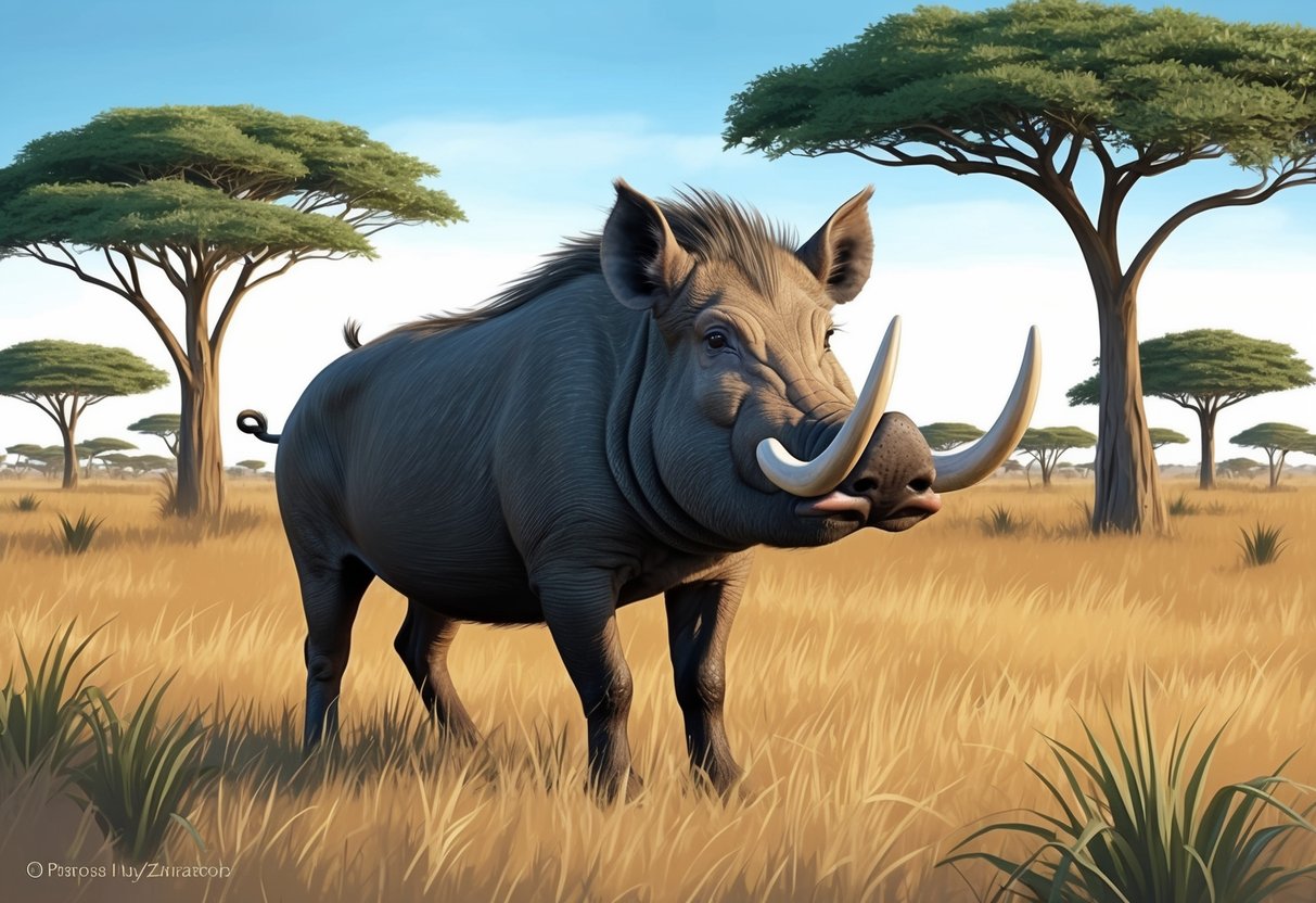 A warthog stands proudly in the African savanna, surrounded by tall grass and acacia trees.</p><p>Its distinctive tusks and powerful build convey strength and resilience