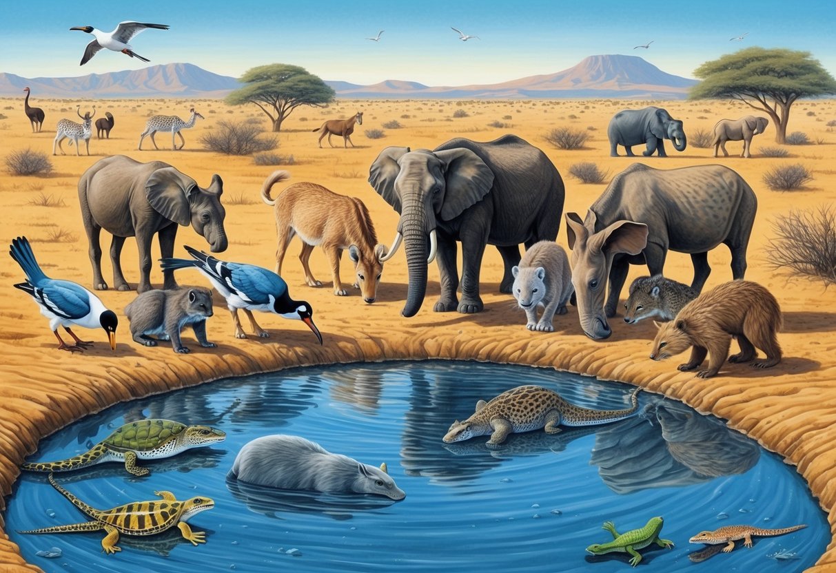 Various animals gather around a shrinking watering hole, struggling to find water amidst a drying landscape