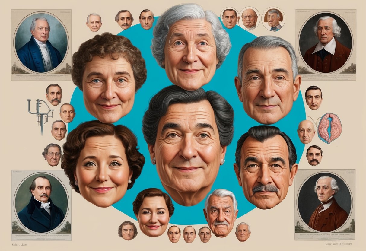 A series of faces, young to old, with varying dimple placements and sizes, surrounded by historical images and medical illustrations