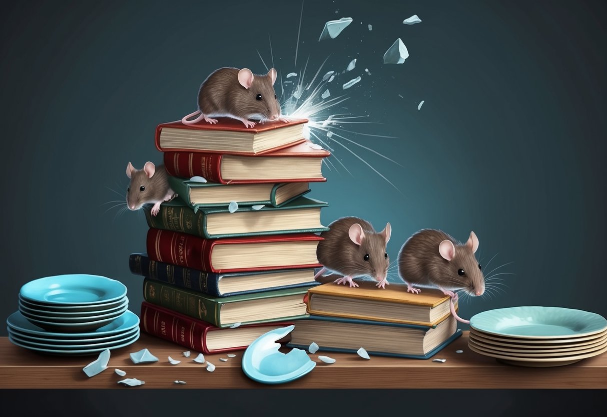 Mice cower as a loud crash sends them scurrying from a toppled stack of books and broken dishes