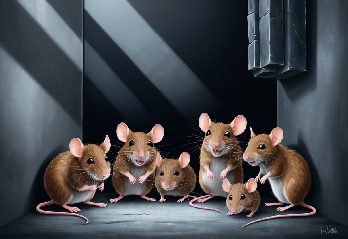 A group of mice cower in a corner, surrounded by looming shadows and towering objects, their eyes wide with fear