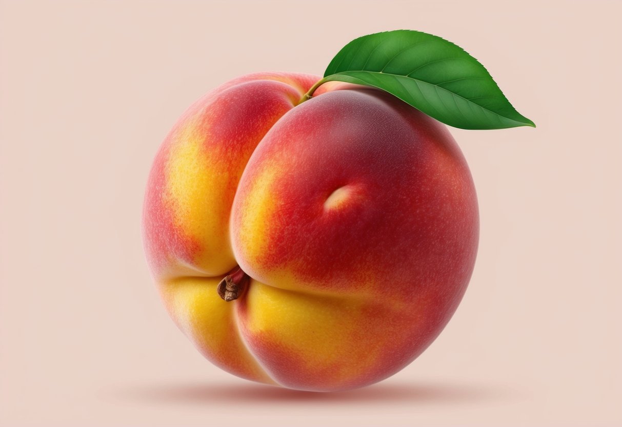 A ripe peach with two dimples on its smooth surface