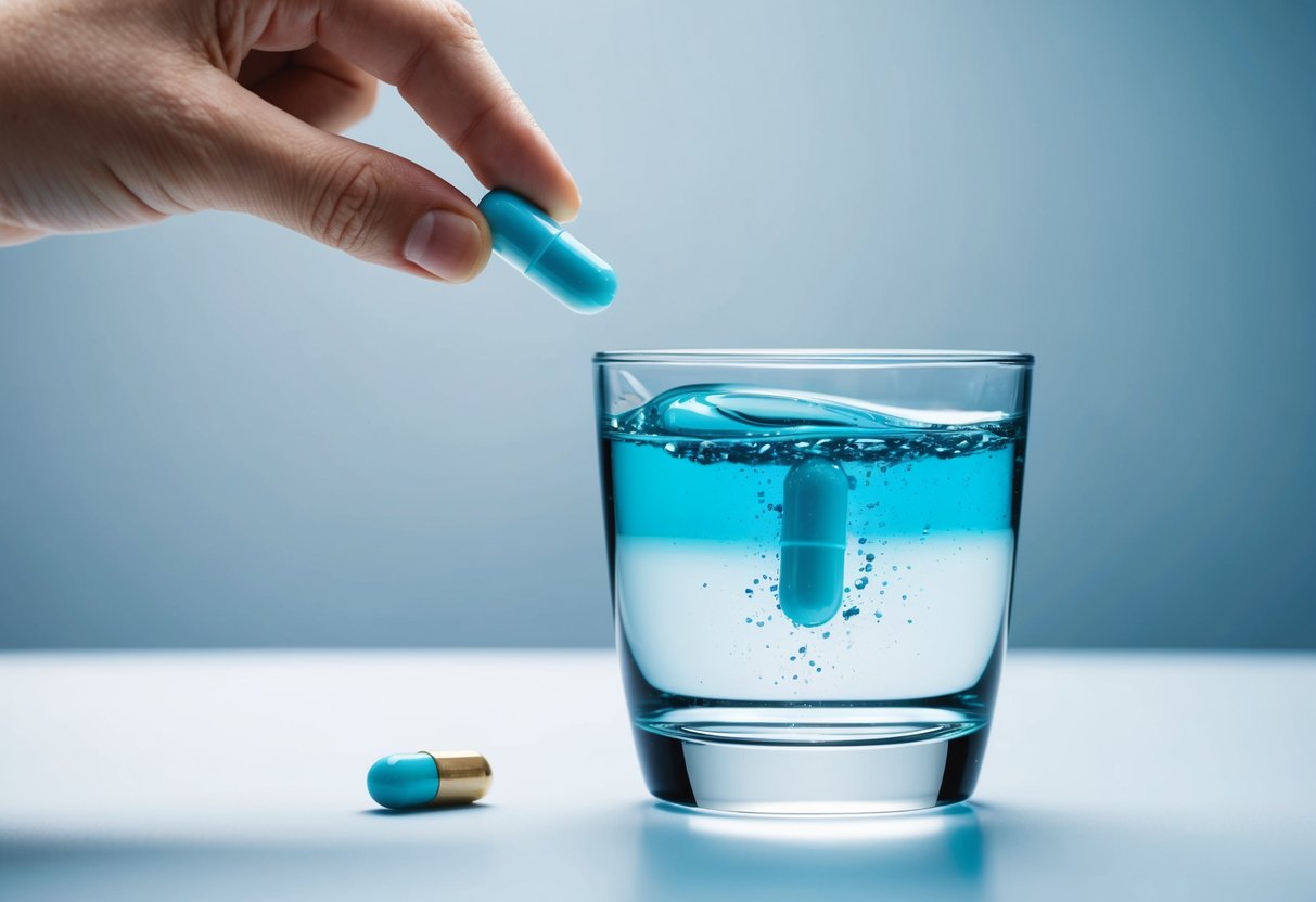 A hand dropping a pill into a glass of water, followed by the pill dissolving and the water turning cloudy