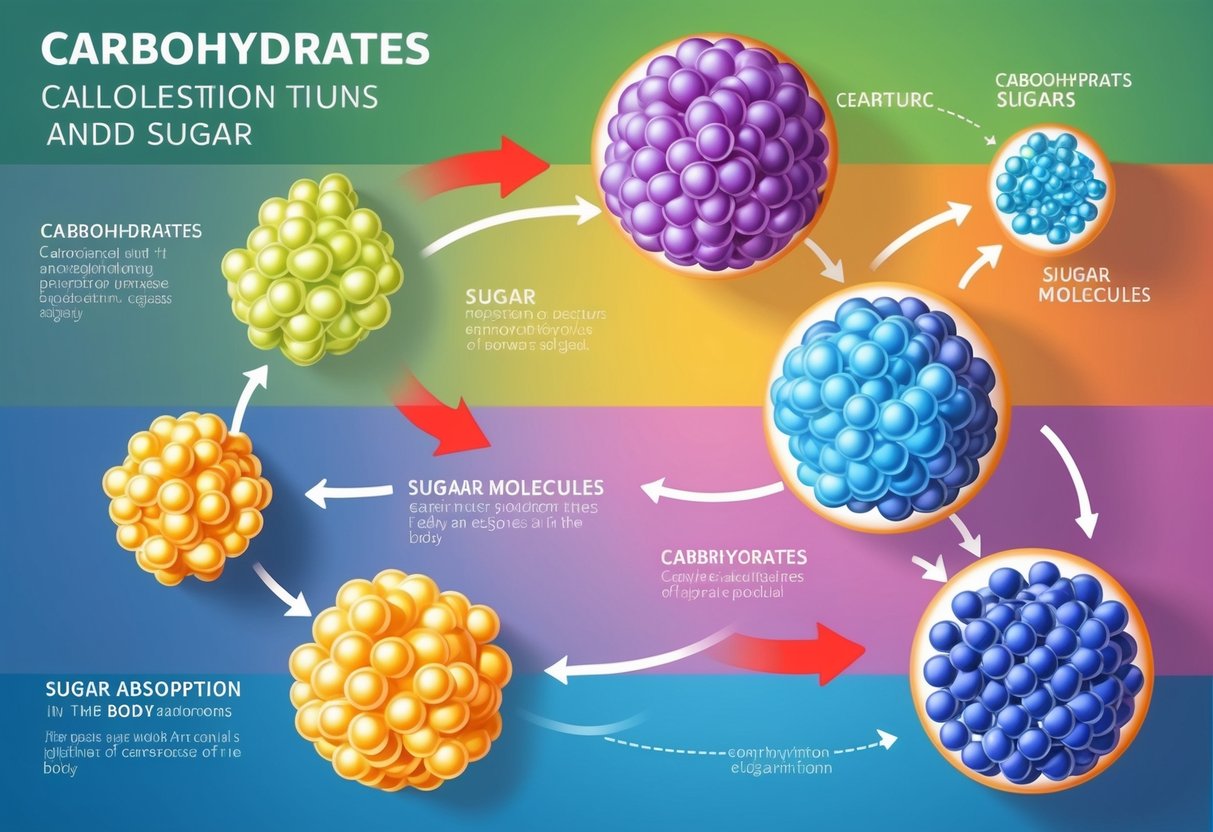 A colorful diagram showing the structure of carbohydrates and sugar molecules, with arrows indicating the process of sugar absorption in the body