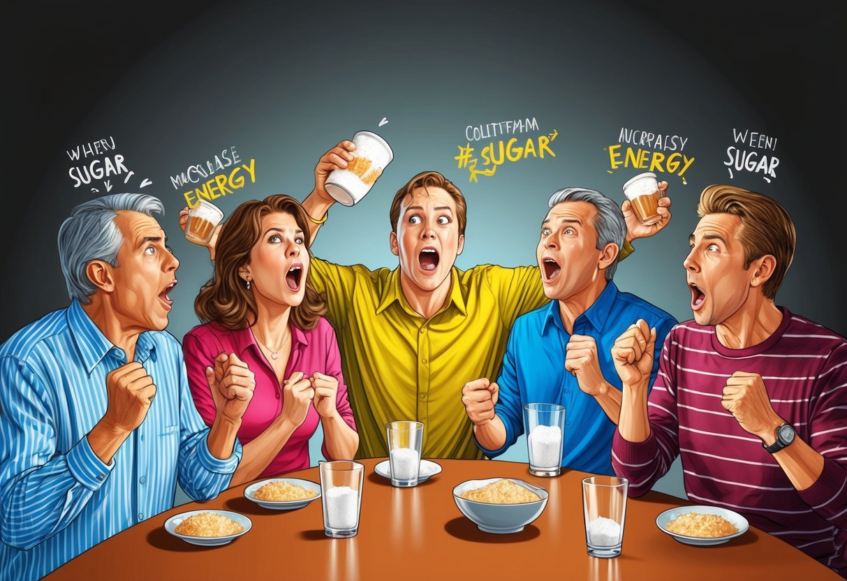 A group of adults react to consuming sugar, showing signs of increased energy and excitement