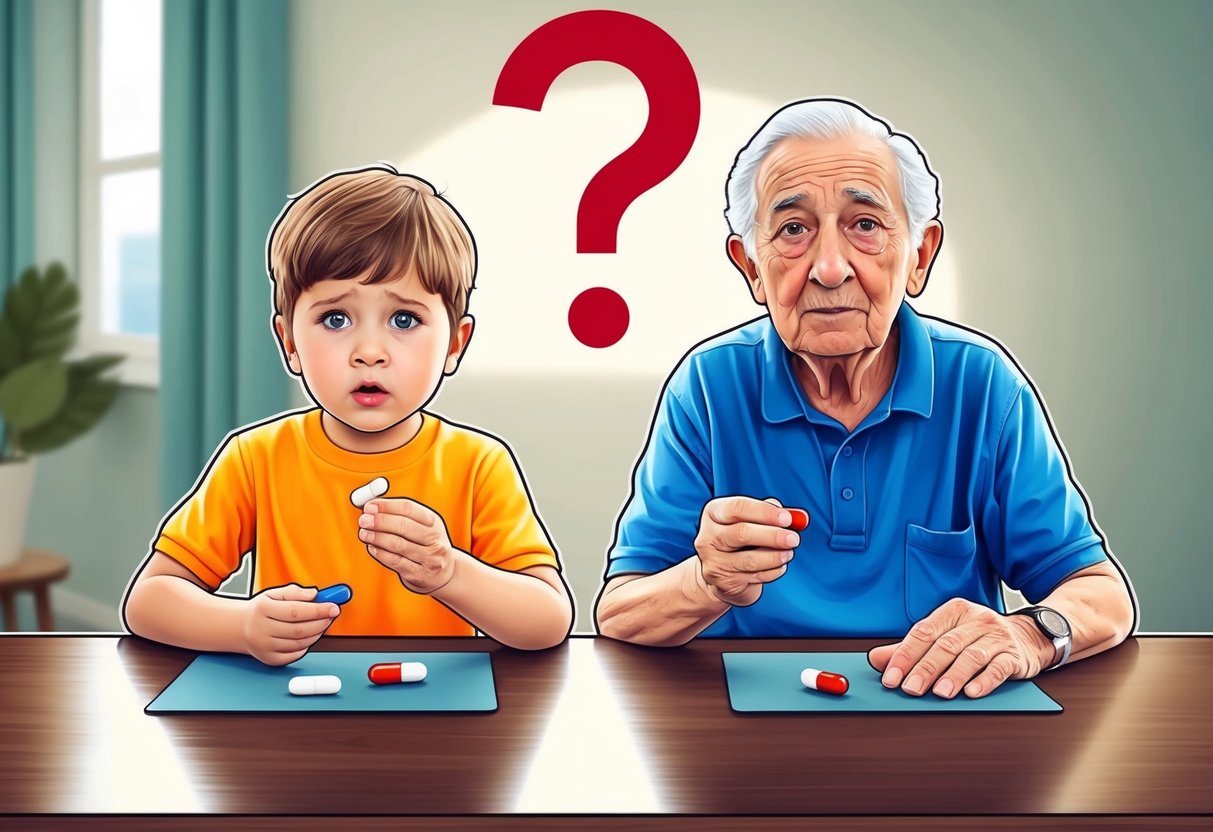 A child and an elderly person sit at a table, each holding a pill.</p><p>A question mark hovers above their heads as they look confused