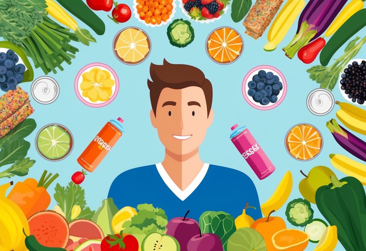 A colorful array of fruits and vegetables surrounded by sugary treats and energy drinks, with a person's energy levels fluctuating throughout the day