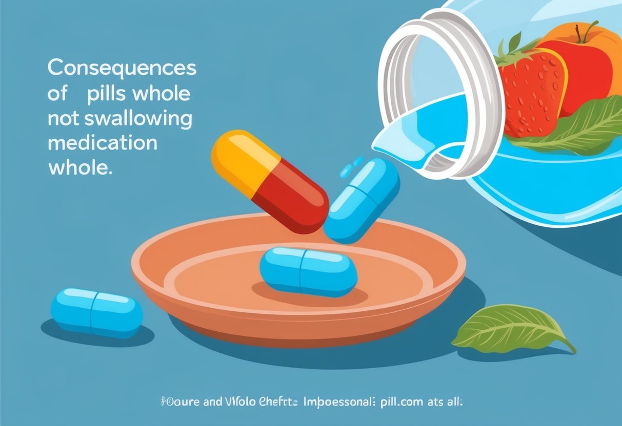 A pill being chewed with food and water nearby, illustrating the consequences of not swallowing medication whole