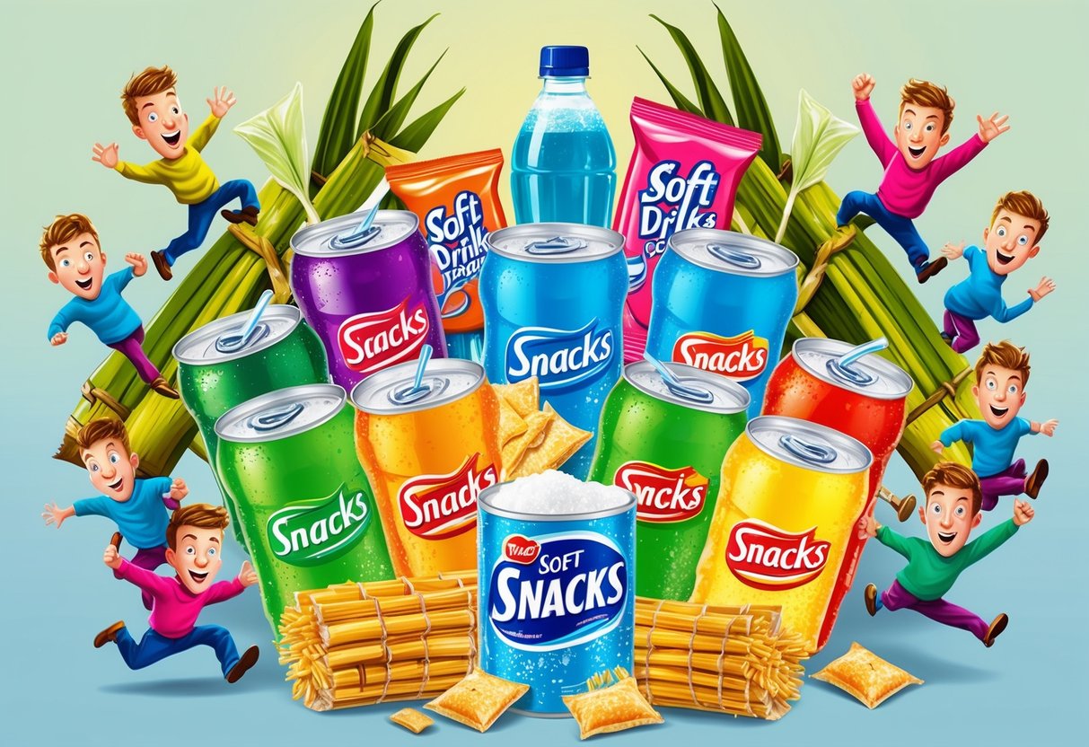 A colorful array of soft drinks and snacks, with sugar packets and sugarcane, surrounded by energetic and hyperactive figures