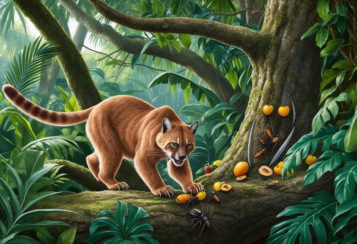 A bearcat is foraging for fruit and insects in a lush, tropical forest.</p><p>Its long, sharp claws help it to climb and grab food from the trees