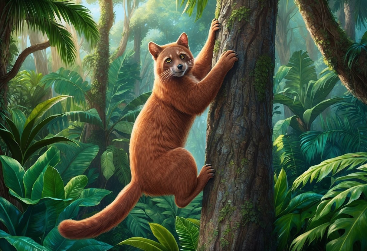 A bearcat climbing a tree in a lush, tropical forest