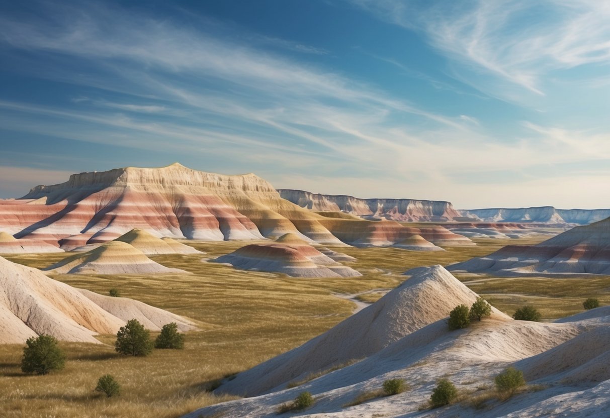 Rolling badlands with layers of colorful sedimentary rock and sparse vegetation under a vast, open sky