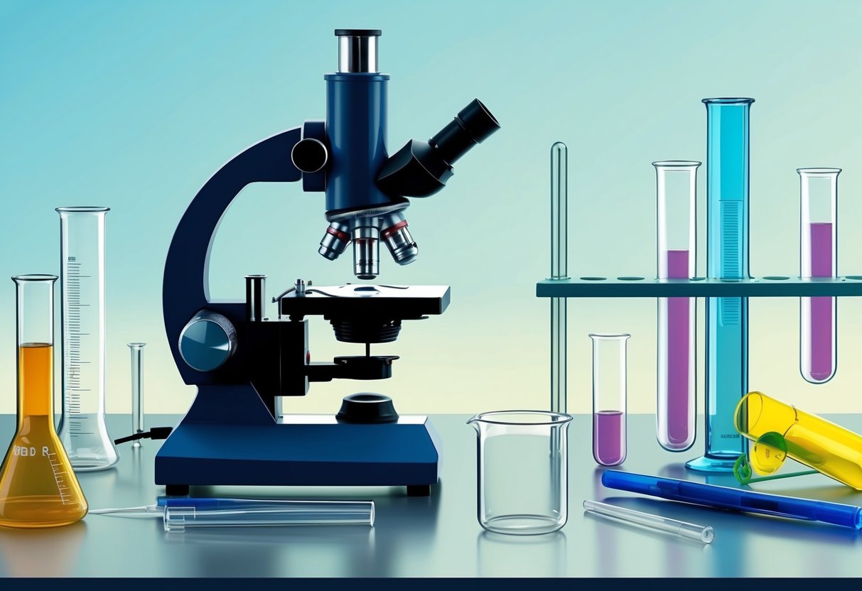 A microscope focused on a specimen, surrounded by beakers, test tubes, and scientific instruments on a laboratory bench