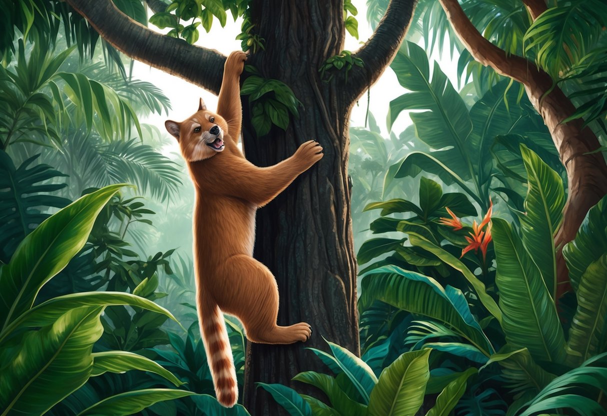 A bearcat climbs a tree in a lush, tropical jungle