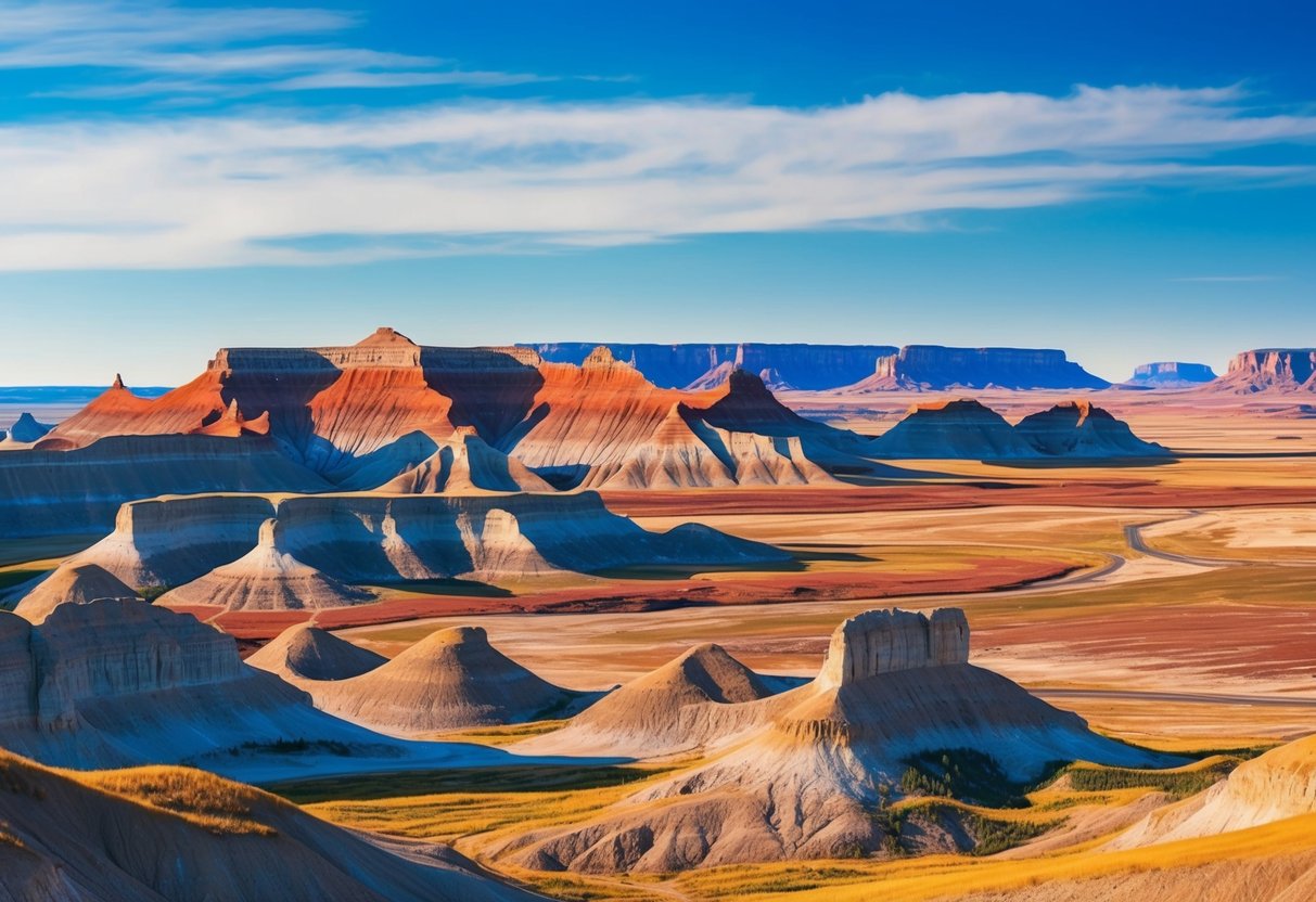 The rugged badlands of Alberta, Canada, with their distinctive rock formations and vibrant colors, stretch out under a vast blue sky