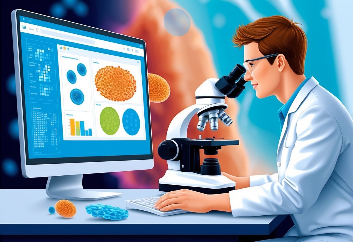 A scientist using a microscope to observe cells and data being analyzed on a computer screen