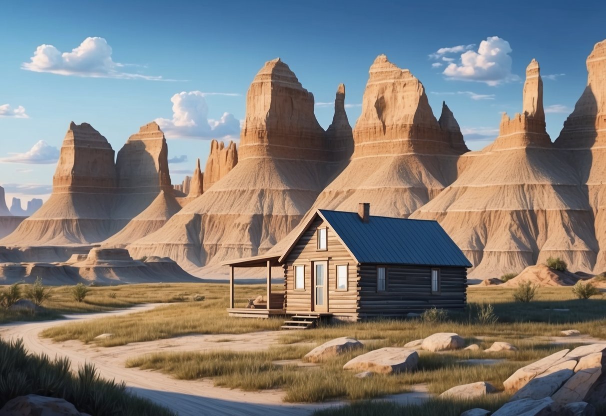 A lone cabin sits nestled among the rugged and eroded landscape of the Alberta badlands, with towering rock formations and sparse vegetation in the background