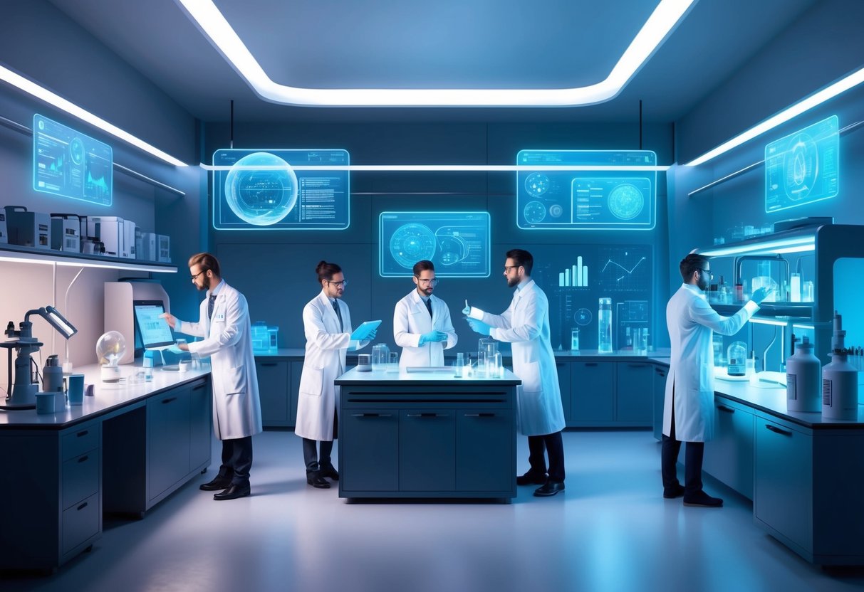 A laboratory with futuristic equipment and holographic displays, scientists collaborating and analyzing data, representing the future of scientific theory