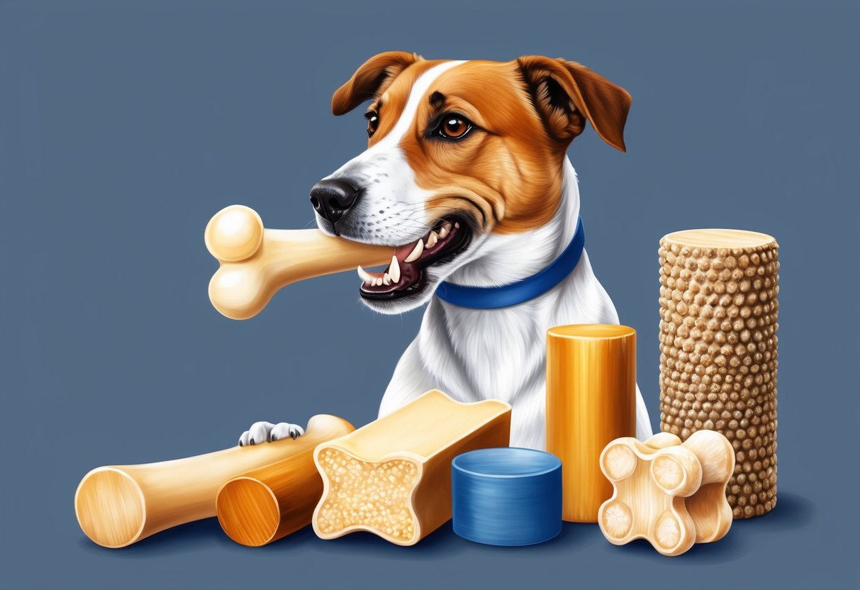 A dog chewing on a variety of bone sizes and textures, with a thoughtful expression on its face as it decides which one is best for its teeth