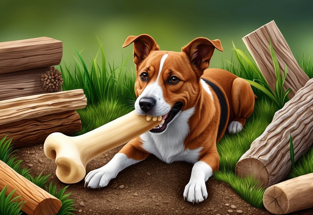 A dog happily chewing on a large bone, surrounded by various natural materials like wood, grass, and dirt