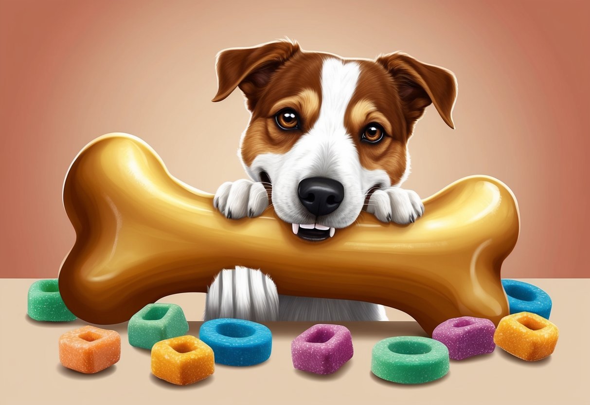 A happy dog chewing on a large bone surrounded by colorful and appetizing-looking treats