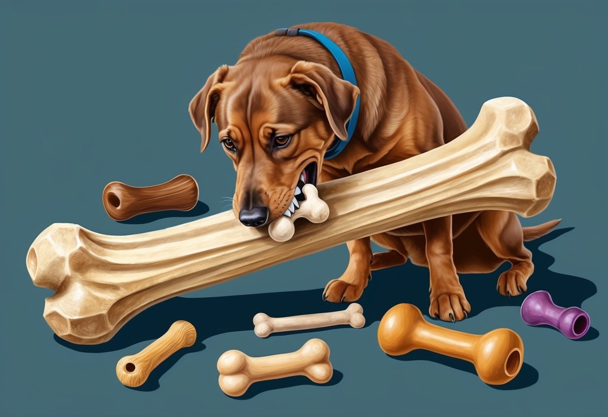 A dog gnawing on a large, durable bone, surrounded by smaller bones and various chew toys