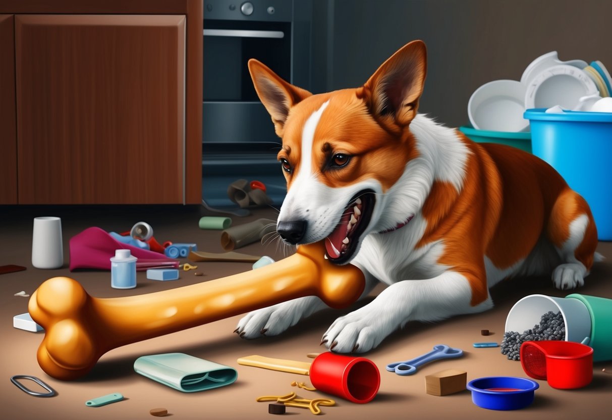 A dog chewing on a durable bone, surrounded by scattered household items