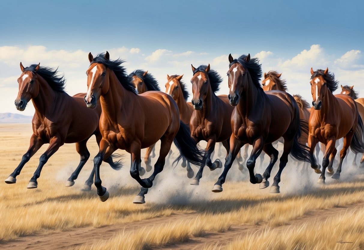 A herd of wild horses galloping across the open plains of the Americas, their powerful muscles rippling as they run