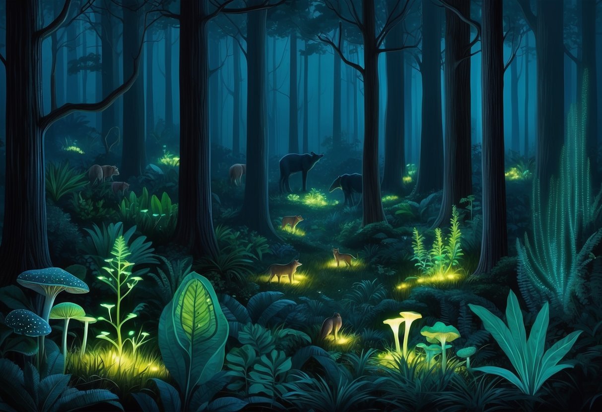 A dense forest at night, with bioluminescent plants and fungi lighting up the dark landscape.</p><p>Wildlife is visible, drawn to the glowing flora