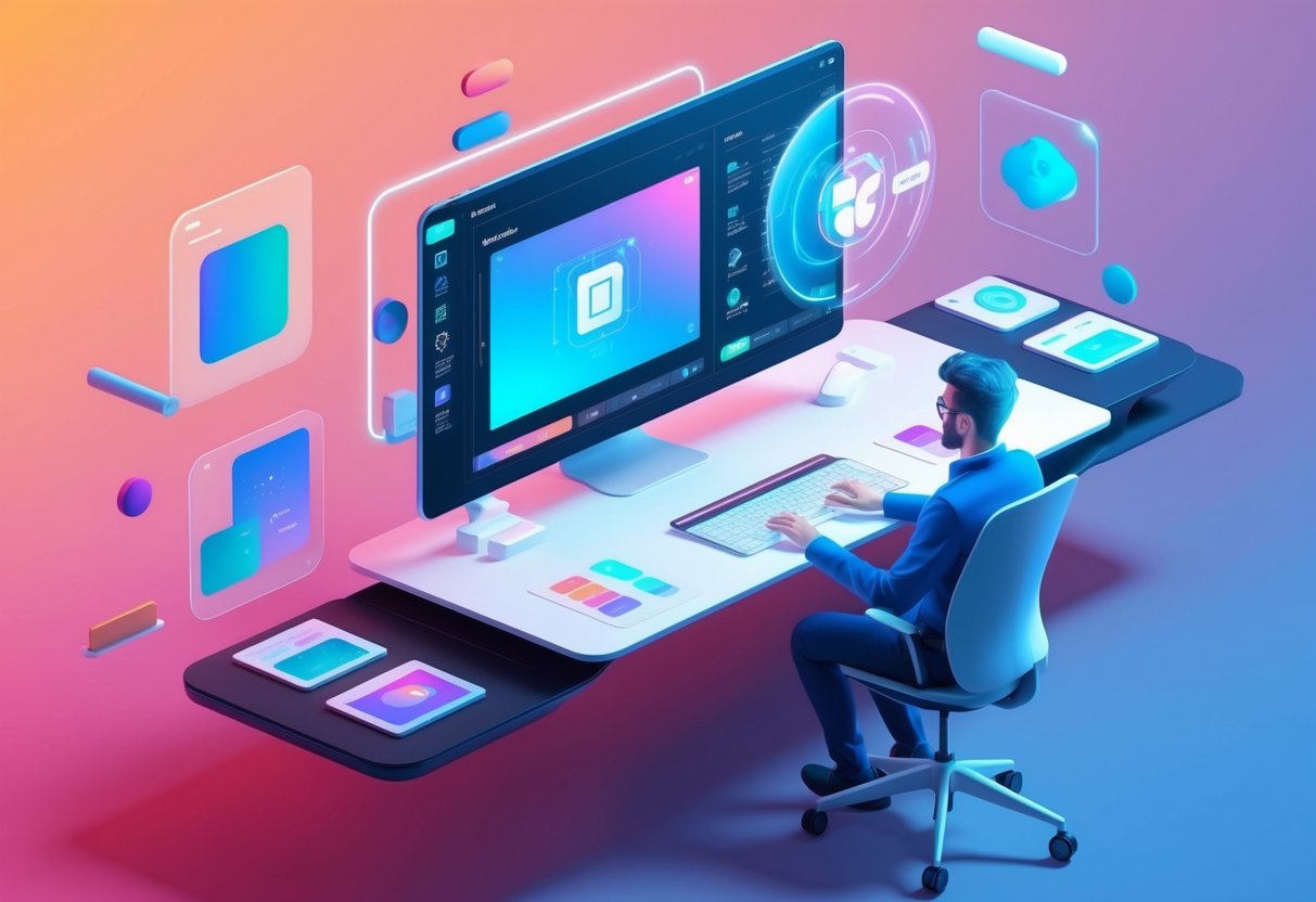 A futuristic digital workspace with holographic design tools and sleek interface, surrounded by floating 3D visuals and vibrant color palettes