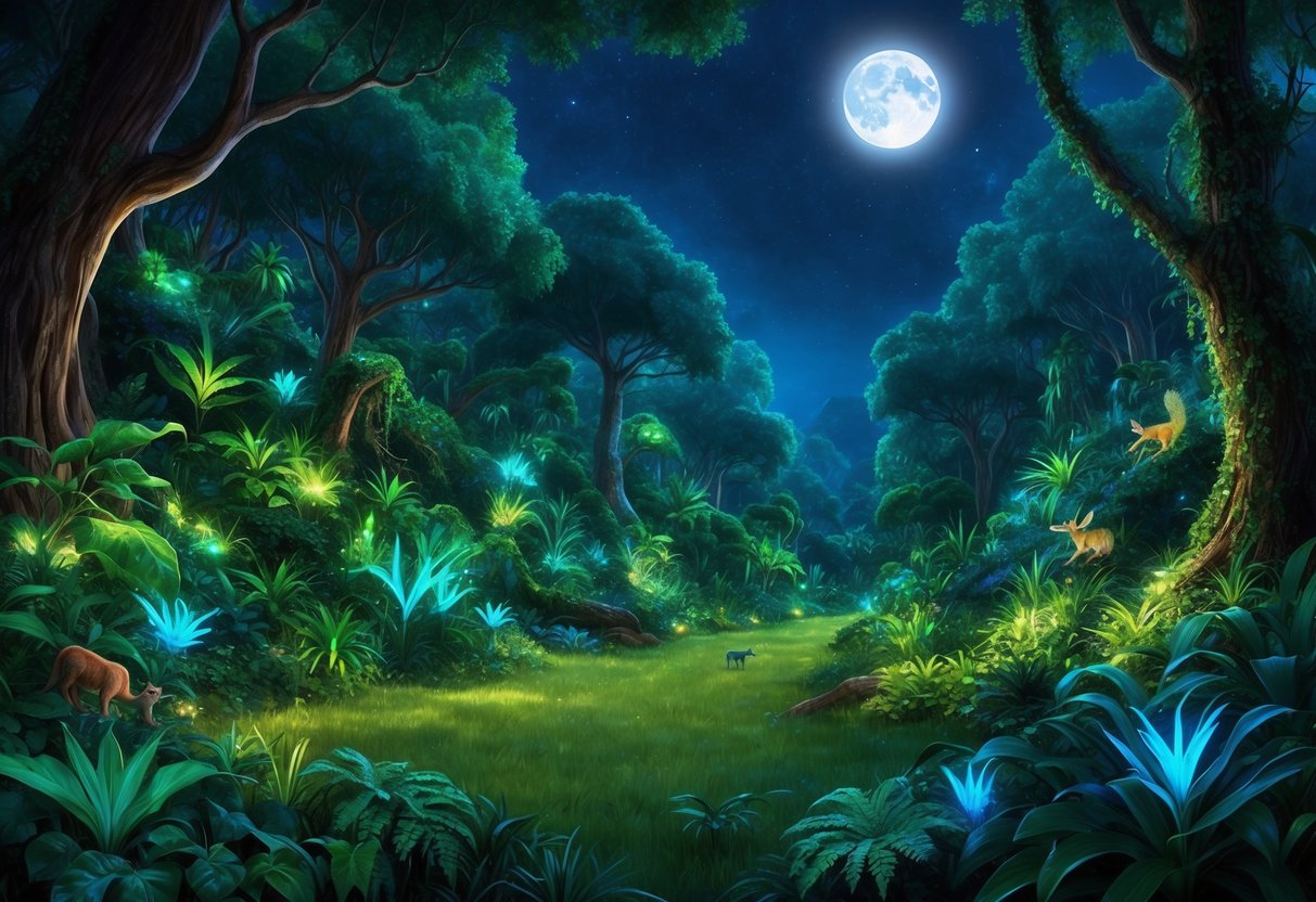 A lush forest at night, filled with bioluminescent plants and creatures, casting an ethereal glow over the landscape