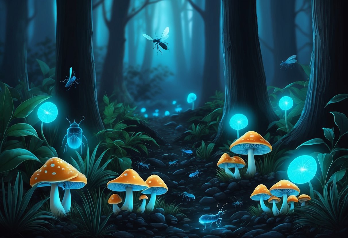 A dark forest floor with glowing mushrooms and insects emitting soft blue light.</p><p>The plants and creatures seem to be part of a magical, bioluminescent world