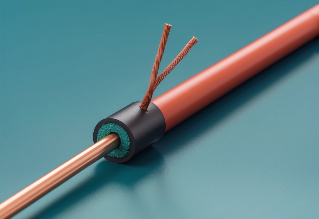 A wire surrounded by insulating materials, such as rubber or plastic, preventing the flow of electricity