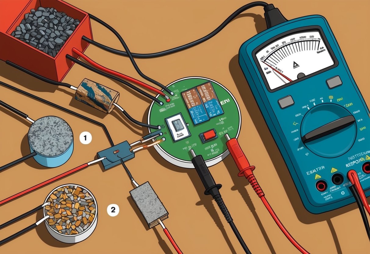 An electrical resistance experiment with various materials connected to a multimeter