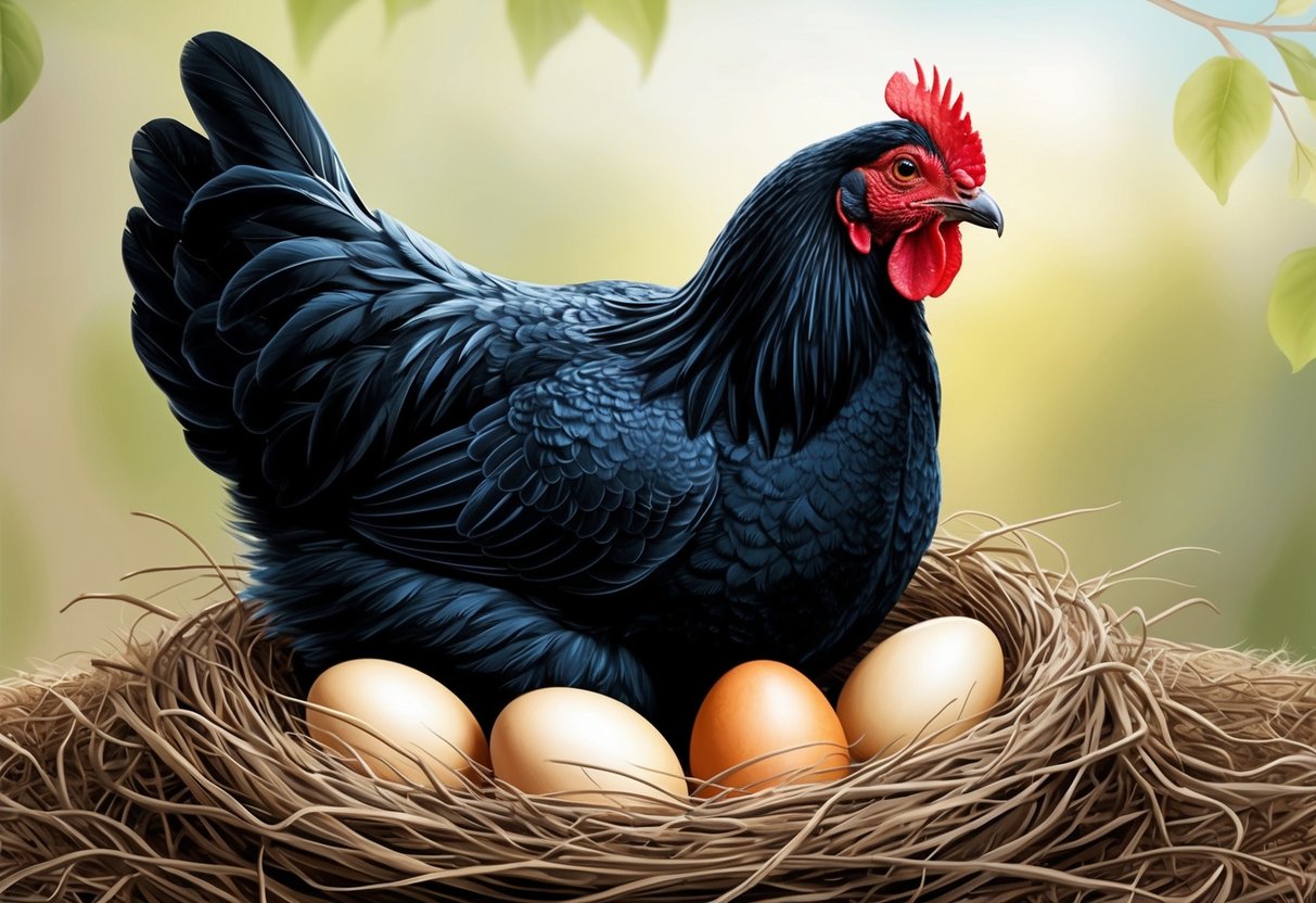 A black chicken sits in a nest, surrounded by eggs, with a protective and nurturing demeanor