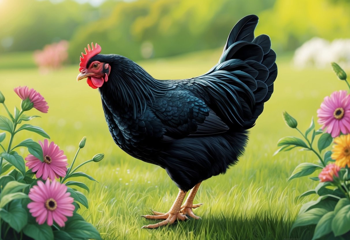 A black chicken stands in a lush, green pasture, its feathers shimmering in the sunlight.</p><p>It pecks at the ground, surrounded by vibrant flowers