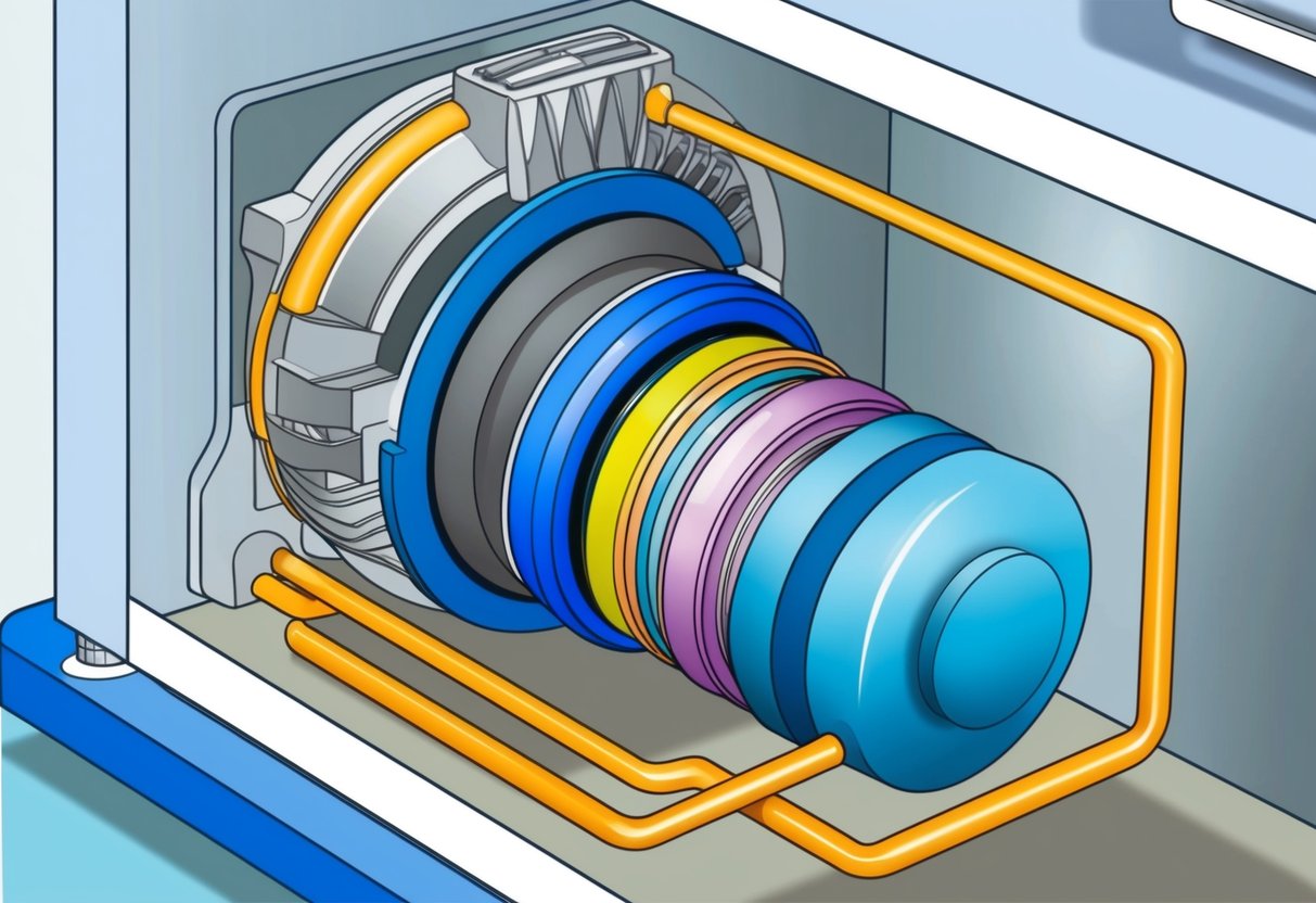 A diagram showing the inner workings of a refrigerator, with focus on the compressor, condenser, evaporator, and refrigerant flow