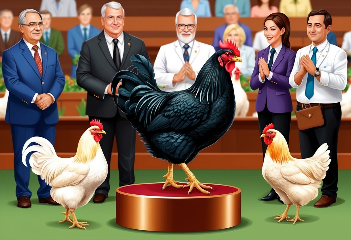 A proud black chicken struts on a podium, surrounded by other poultry.</p><p>Judges and spectators observe with admiration