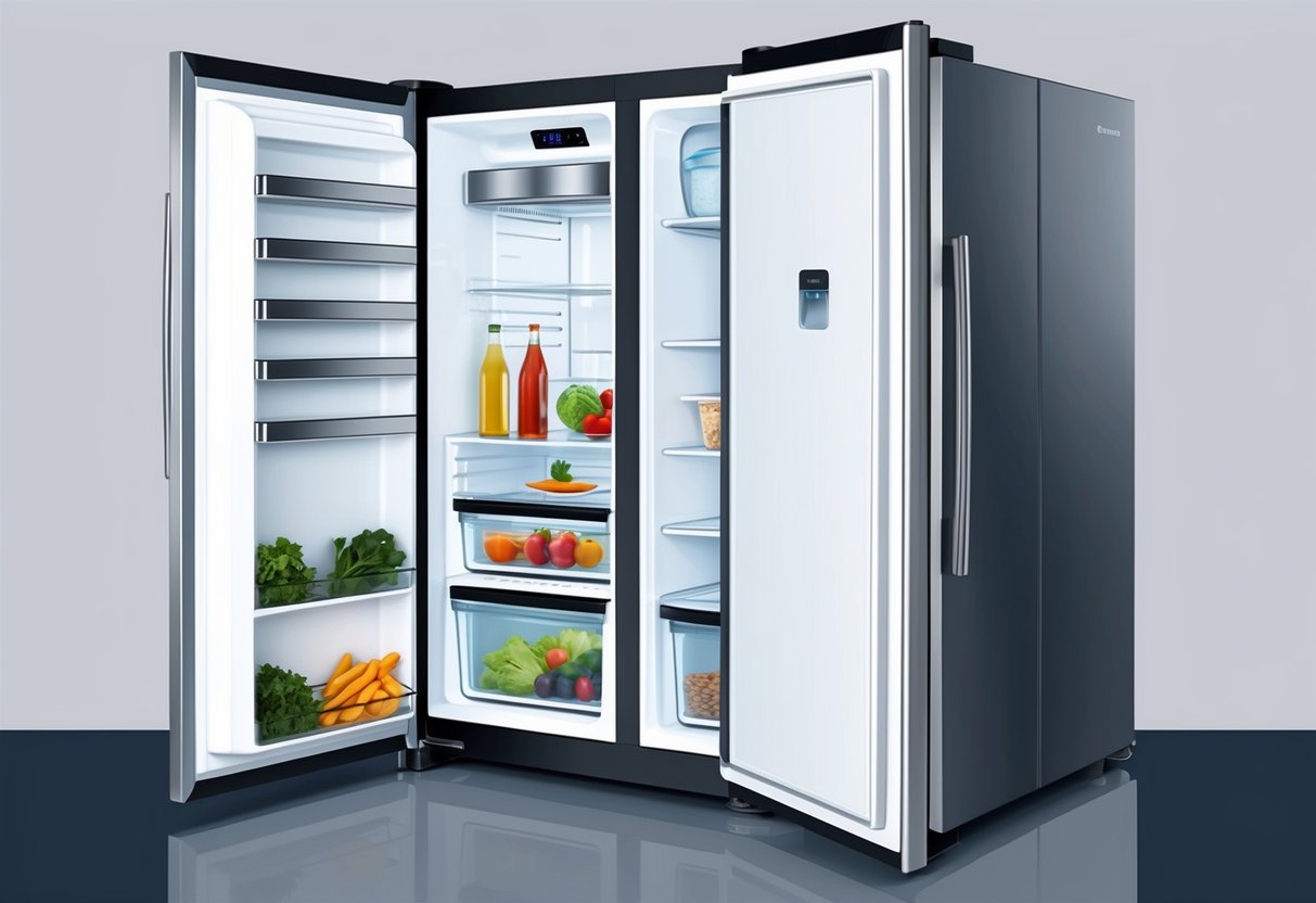 A modern refrigerator with shelves, crispers, and a freezer compartment, showing the inner components and design