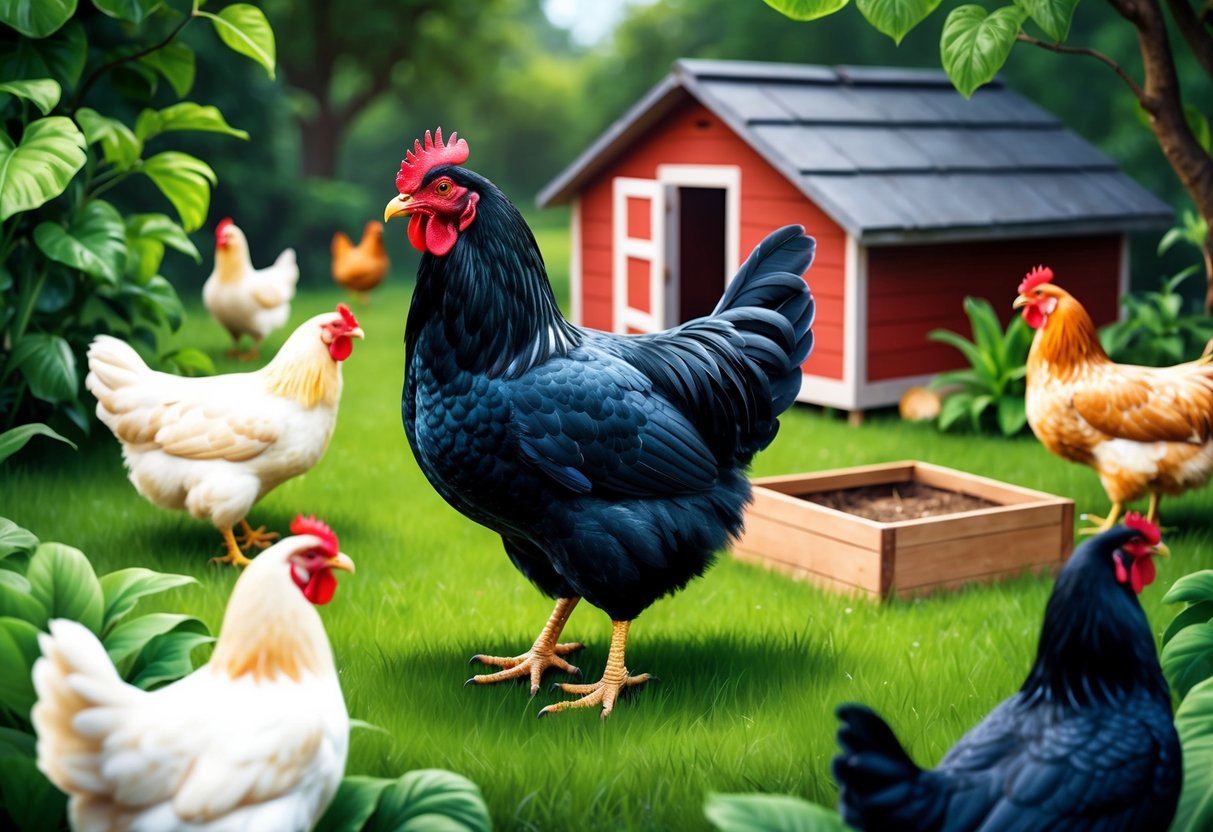 A black chicken sits in a lush, green environment surrounded by other chickens.</p><p>A small coop and nesting boxes are visible in the background