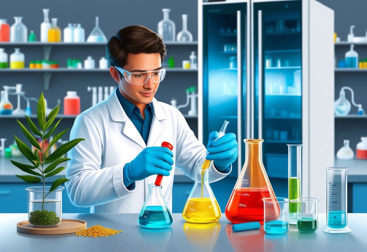 A scientist mixing natural and synthetic chemicals in a laboratory, with a large refrigerator in the background