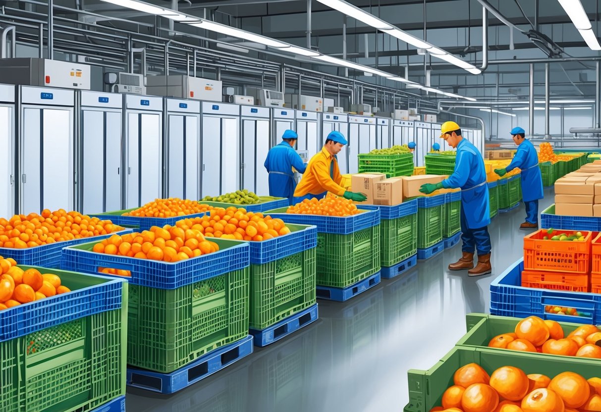 A bustling factory floor with rows of refrigeration units, crates of produce, and workers packaging goods for shipment