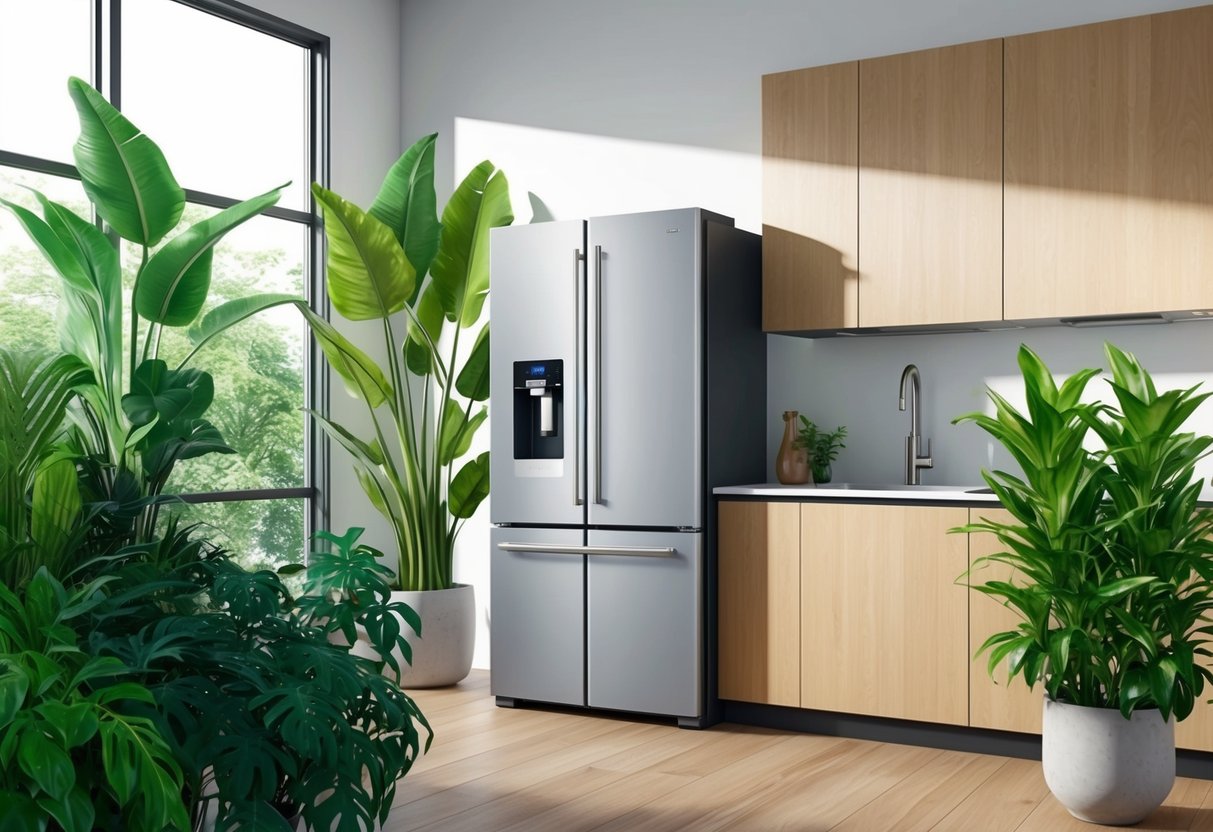 A modern kitchen with a sleek, energy-efficient refrigerator surrounded by lush green plants and natural light filtering through large windows