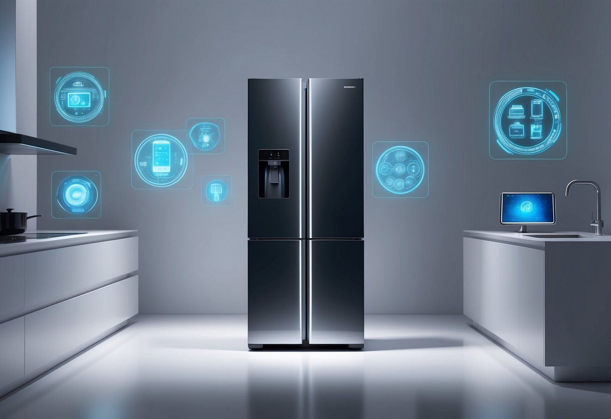 A sleek, futuristic refrigerator stands in a minimalist kitchen, surrounded by holographic displays of advanced technologies