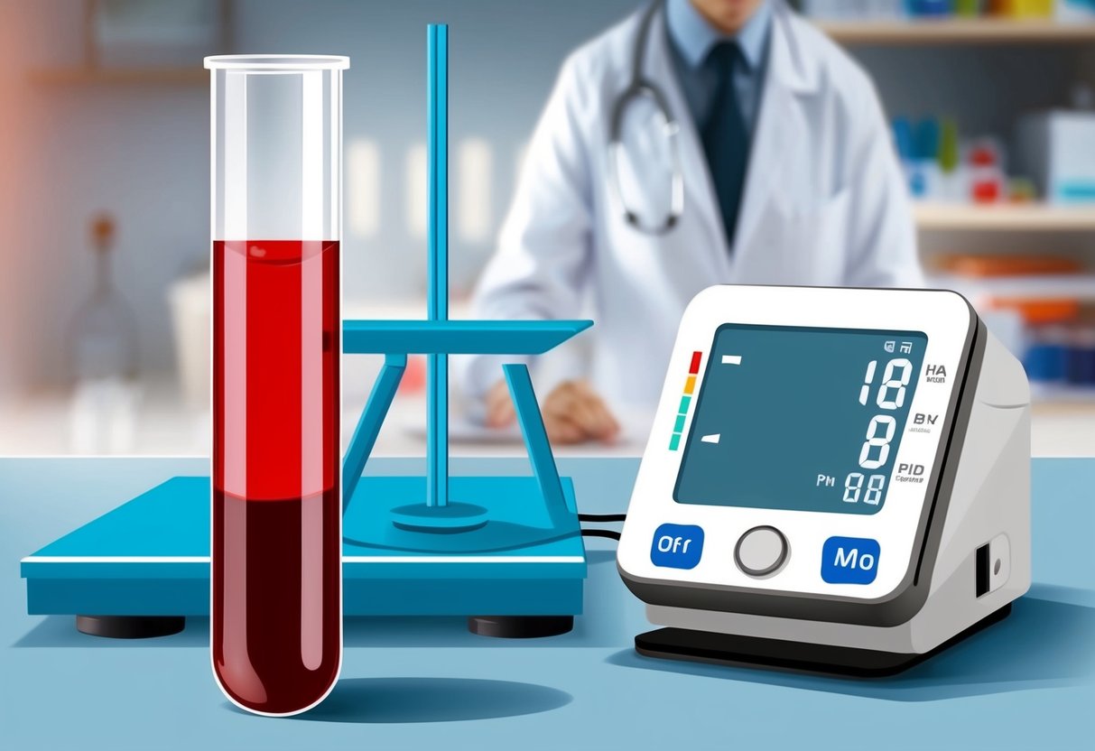 A test tube filled with red liquid, a scale, and a blood pressure monitor on a laboratory table