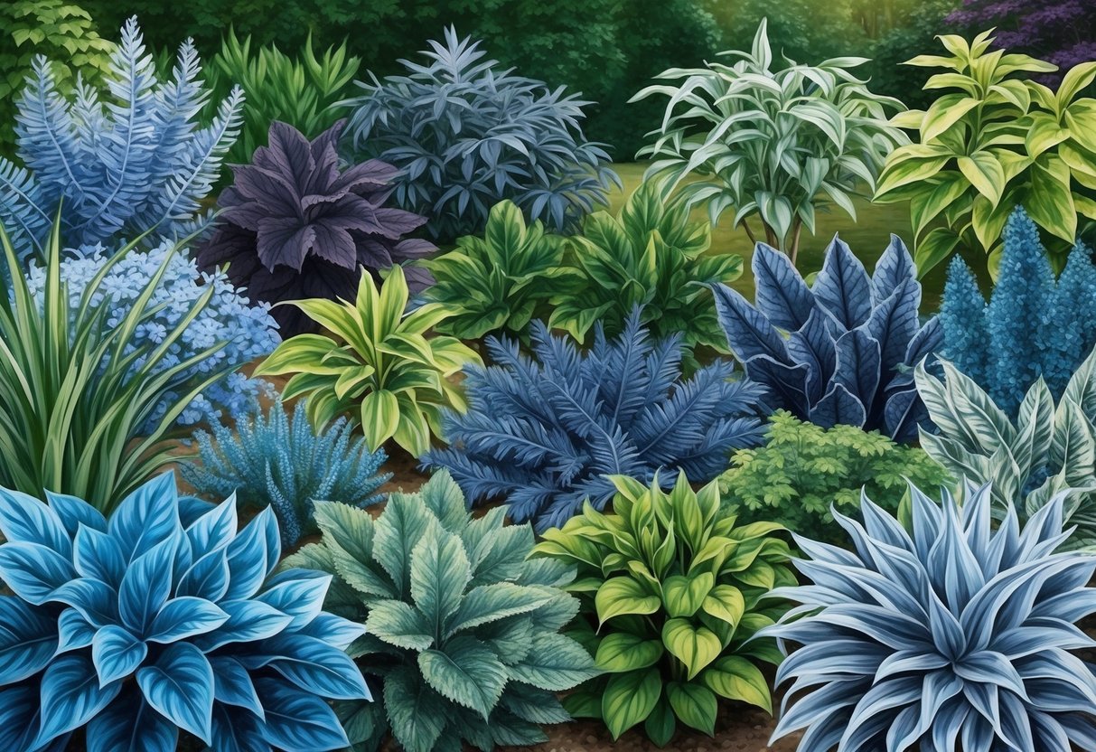 A lush garden filled with various blue foliage plants from different geographical origins, showcasing their unique shades and textures