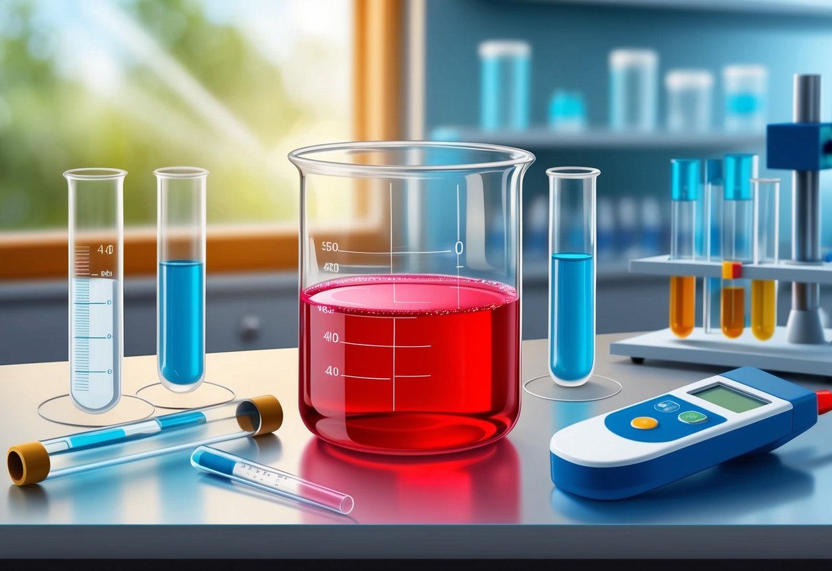 A beaker filled with red liquid, surrounded by test tubes and a pH meter, sits on a laboratory bench