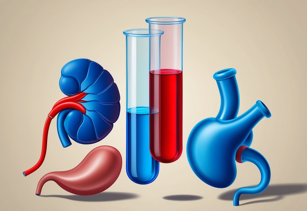 A test tube with red and blue liquids, surrounded by a kidney, pancreas, and stomach