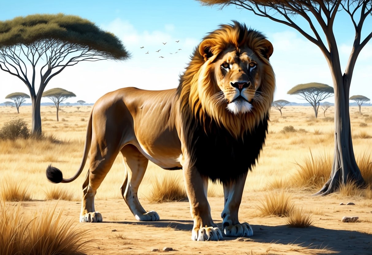 A lion with a thick, full mane stands proudly in a savanna, surrounded by dry grass and sparse trees.</p><p>The sun beats down on the landscape, emphasizing the lion's majestic appearance