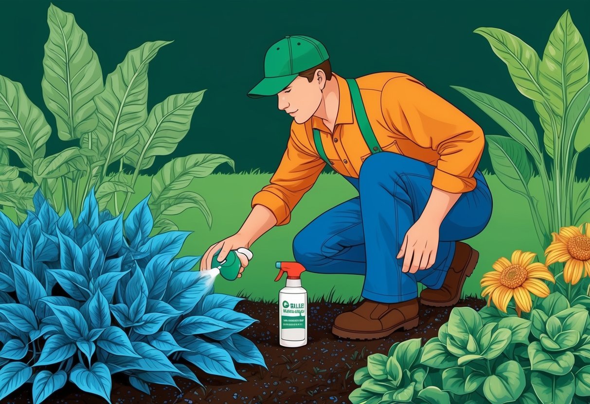 A gardener carefully inspects and sprays blue foliage with organic pest control, surrounded by healthy plants